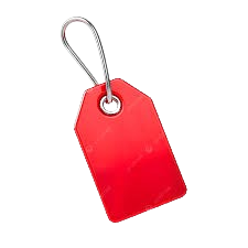 Blank red plastic price tag with metal wire loop on black background for retail labeling.