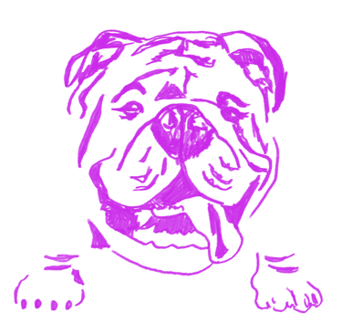 Violet line-art illustration of a bulldog – iconic PIECE OF K. branding mascot