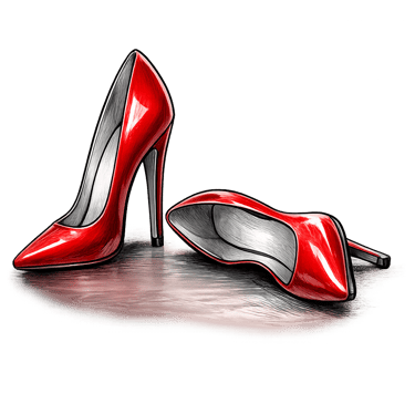 Elegant red high heel pumps illustration with a glossy finish on a dark background.