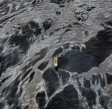 Edward Burtysnsky "Oil" a boat is floating in the water with petroleum
