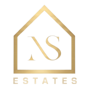 Luxury NS Estates real estate logo with gold monogram inside a house frame on a black background.