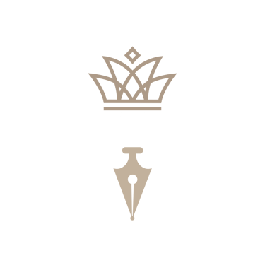 Elegant gold and white fountain pen nib logo with a crown icon on a black background.