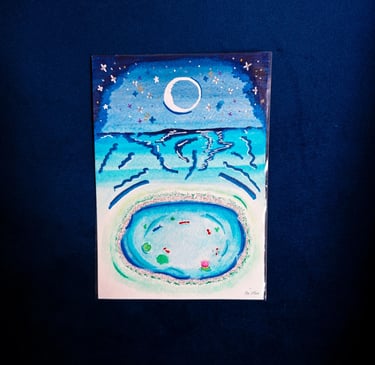 illustration of sea with moon and lake