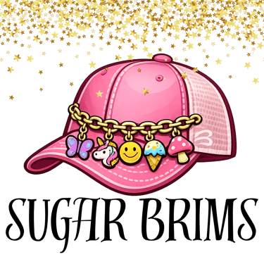 Sugar Brims hat chains logo, a pink hat with gold chain and fun charms