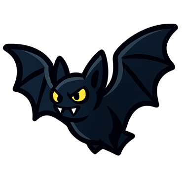 A cute cartoon vampire bat illustration with yellow eyes and fangs flying on a black background.