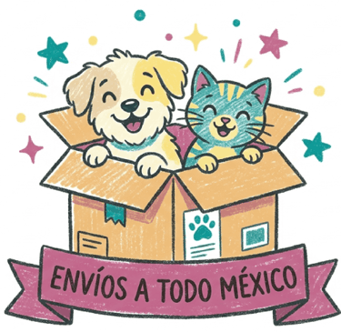 Ilustración de un cachorro y un gatito en una caja de envío,
