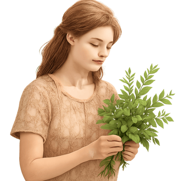 A young woman in a natural setting, gently holding or examining fresh herbs and plants.