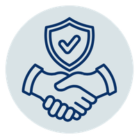 Handshake icon with a security shield and checkmark representing a trusted business partnership.