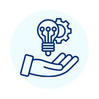 Hand holding a light bulb with a gear icon representing innovative technology and solution development.
