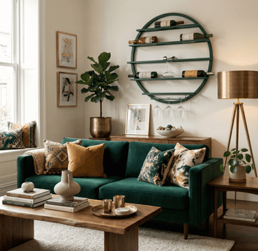 Modern living room featuring a green velvet sofa, wooden coffee table, and a circular wall-mounted wine rack.