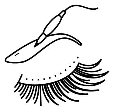 Black and white line art icon of a permanent makeup machine applying eyeliner above long eyelashes.