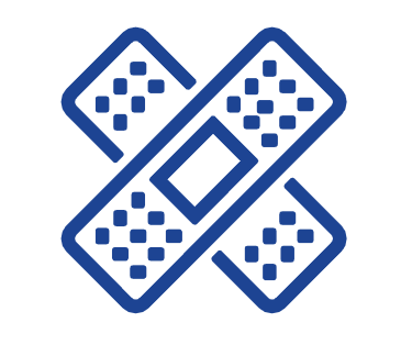A blue outline icon of two adhesive bandages crossed in an X shape for first aid and wound care.
