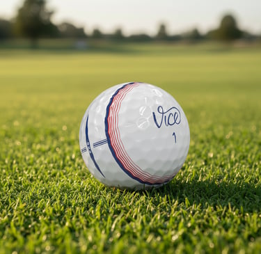 A white Vice Pro golf ball with red and blue alignment lines resting on a lush green grass fairway.