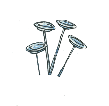 Watercolor illustration of four blue plates spinning on poles for a circus act performance.