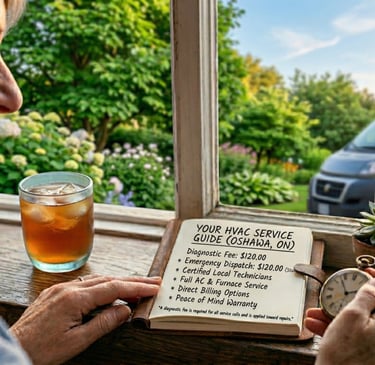 Smiling woman reviews HVAC service guide pricing while local technician van arrives for AC repair.