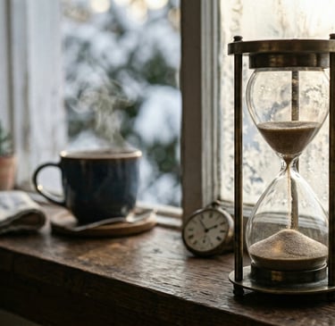 Vintage hourglass and steaming coffee mug on a rustic wooden windowsill with winter snow view.