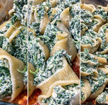 Baked jumbo pasta shells stuffed with creamy spinach and ricotta cheese over marinara sauce.