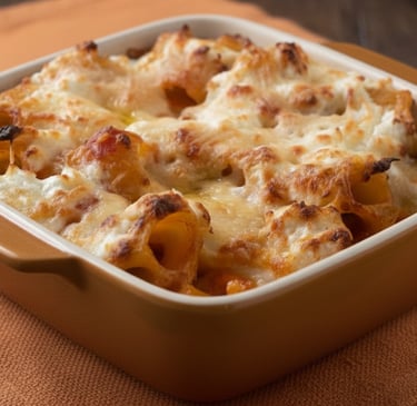 Baked rigatoni pasta dish with melted mozzarella cheese and tomato sauce in a ceramic baking pan.