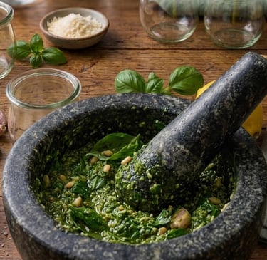 Fresh basil pesto being crushed in a granite mortar and pestle with pine nuts and garlic.