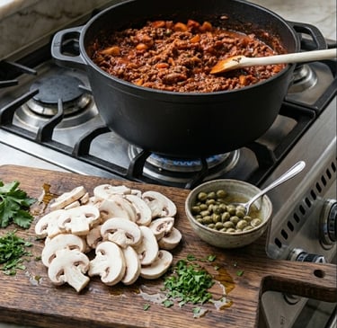 Hearty beef bolognese sauce simmering in a black pot with sliced mushrooms and capers.