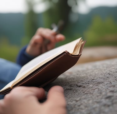 Person sitting with an open journal contemplating life