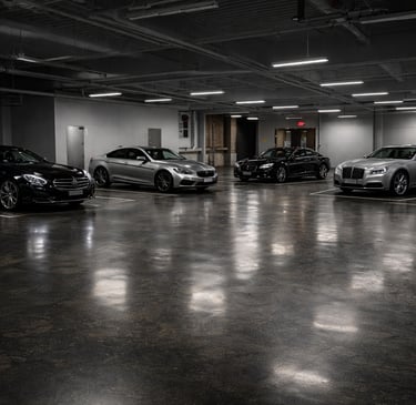 Luxury sedans parked in a secure garage with polished concrete floors and overhead lighting.