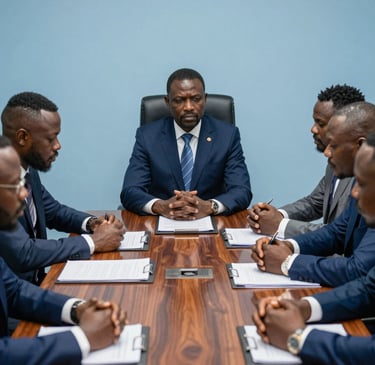 Corporate West African boardroom in Abidjan, featuring a large mahogany table and professional executives engaged in a strategic meeting, sophisticated atmosphere with dark navy blue and light blue tones.