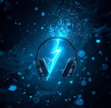 Black gaming headphones featuring a glowing blue lightning bolt and magical energy sparks.