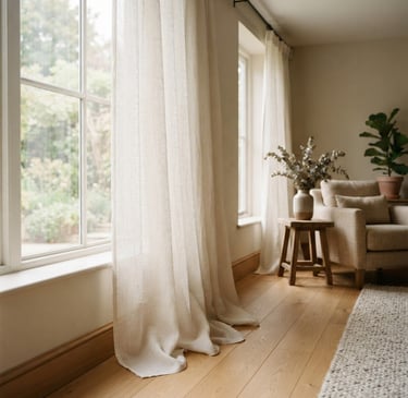 Wide portrait of a luxurious custom sheer drape in a residential living room, kissing the floor, with soft natural light filtering through, shallow depth of field, muted organic tones.