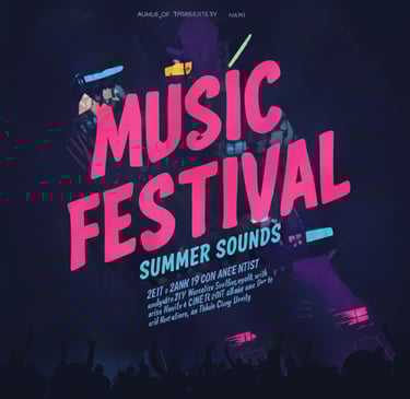 Music festival poster design with vibrant pink and blue typography.