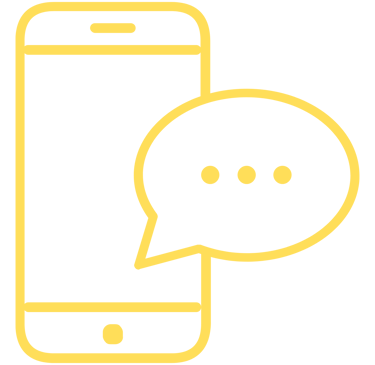 Yellow line icon of a mobile smartphone with a speech bubble for text messaging and chat support.