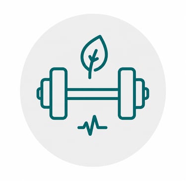A minimalist fitness icon featuring a barbell, a leaf, and a heartbeat pulse line for health and wellness.