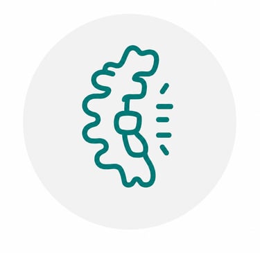Minimalist teal icon representing back pain or spinal healthcare on a white circular background.