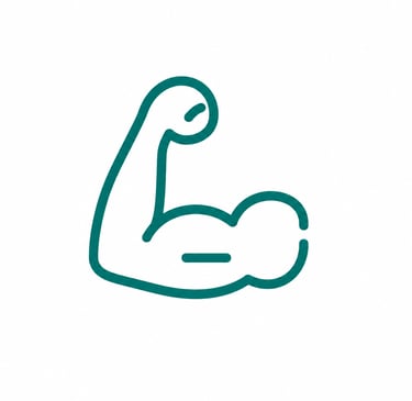 A green line art icon of a flexing bicep muscle representing fitness and strength.