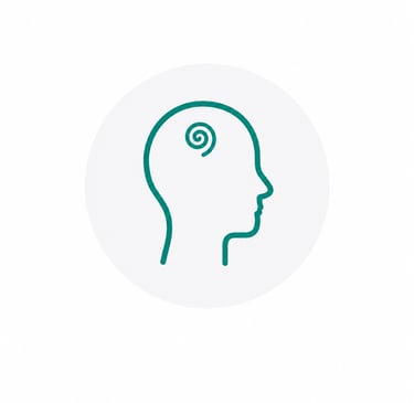 Minimalist teal icon of a human head silhouette with a spiral brain symbol representing mental health.