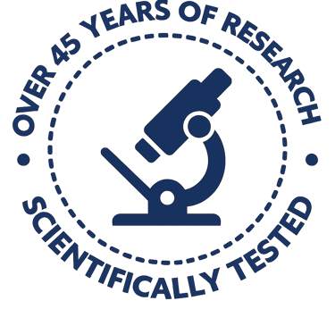  Scientific research seal showing a microscope silhouette with the text Over 45 Years of Research