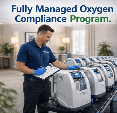 A technician inspecting rows of medical oxygen concentrators for a managed compliance program.