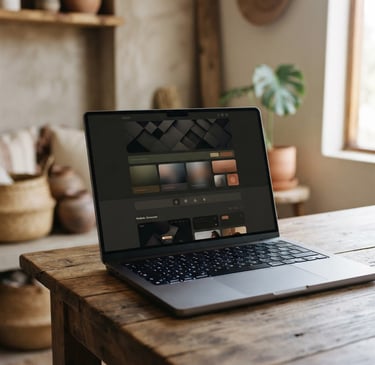 High-fidelity website mockup on a modern laptop, screen displaying a clean, dark-mode design, in a warm-lit South African studio environment, natural side-light, shallow depth of field, 35mm.