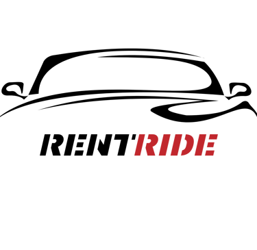 RentRide logo featuring a sleek car silhouette outline above the brand name in black and red text.