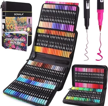 A 100-color set of dual tip brush pens in a black carrying case with a coloring book.