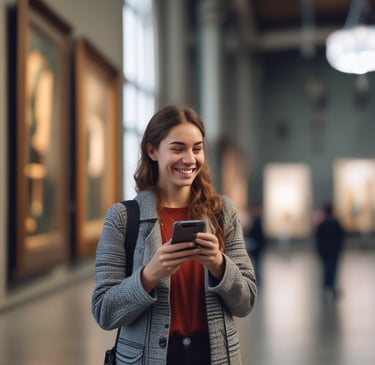 The image depicts a museum interior showcasing various sculptures and artifacts on pedestals. Several visitors are observing the art pieces, which include statues and heads, some of which appear to be of ancient origins. The setting has a clean, modern design with a focus on the exhibits.
