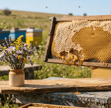 Golden honey dripping from a fresh honeycomb frame at a sunny outdoor apiary with beehives and wildflowers.