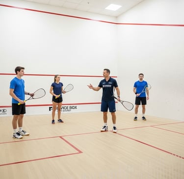 Squash coach teaching a group session