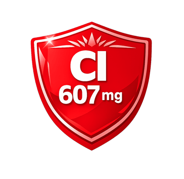 Red shield icon displaying Cl 607mg indicating chlorine supplement dosage for health protection.