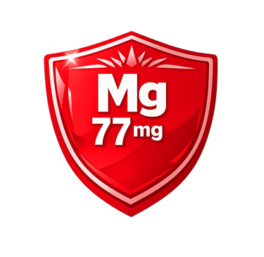Red glossy shield icon showing Mg 77mg representing a magnesium mineral supplement dosage.