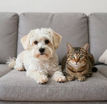 A small white fluffy dog and a tabby cat sitting together on a grey sofa.