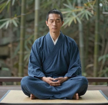 A man in a blue kimono practicing zen meditation in a peaceful bamboo garden.