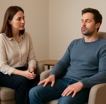 A mental health professional watches a man practice meditation during a therapy session.