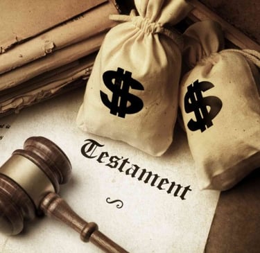 vrećice s novcima i čekić , nasljedno pravo i raspodjela imovine