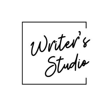 minimalist logo for the Writer's Studio with three-sided square and script letters